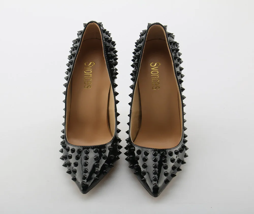 Valencia Italian Pointed Toe Rivets Spikes Patent Leather High Heel Shoes