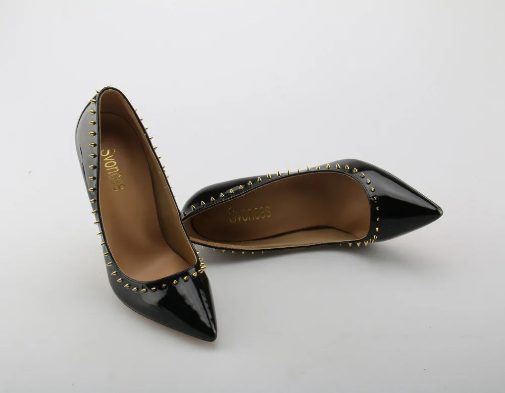 Valencia Italian Pointed Toe Rivets Spikes Patent Leather High Heel Shoes