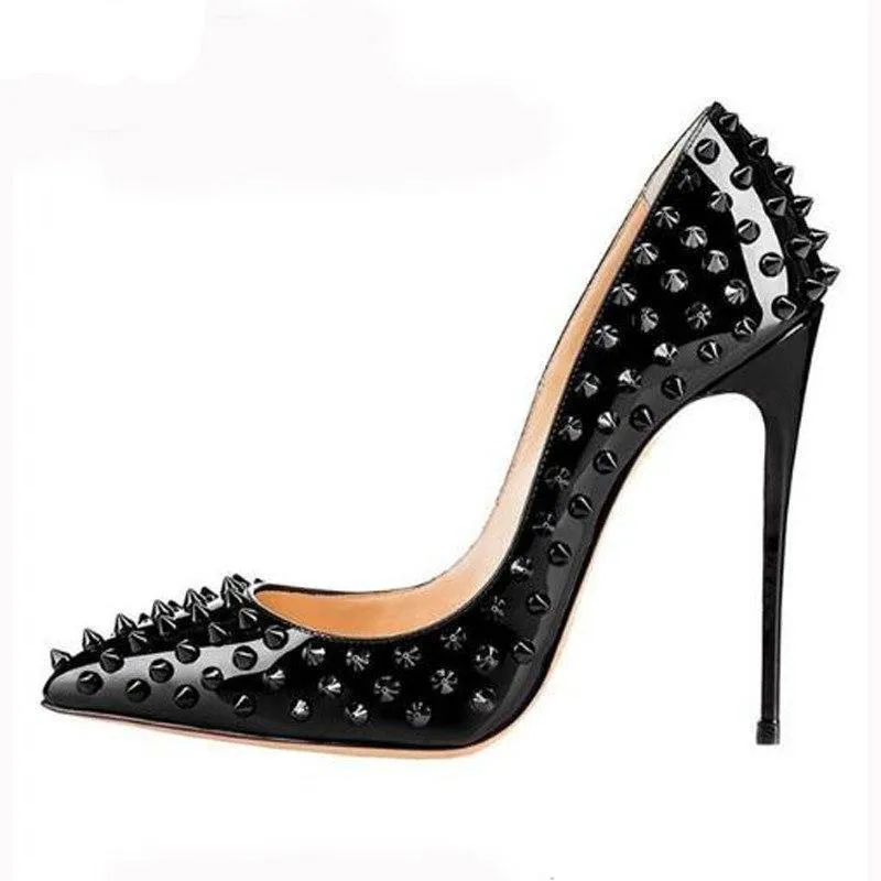 Valencia Italian Pointed Toe Rivets Spikes Patent Leather High Heel Shoes