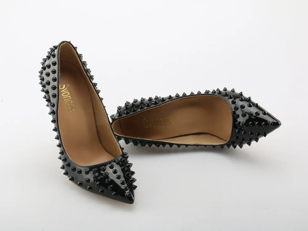 Valencia Italian Pointed Toe Rivets Spikes Patent Leather High Heel Shoes