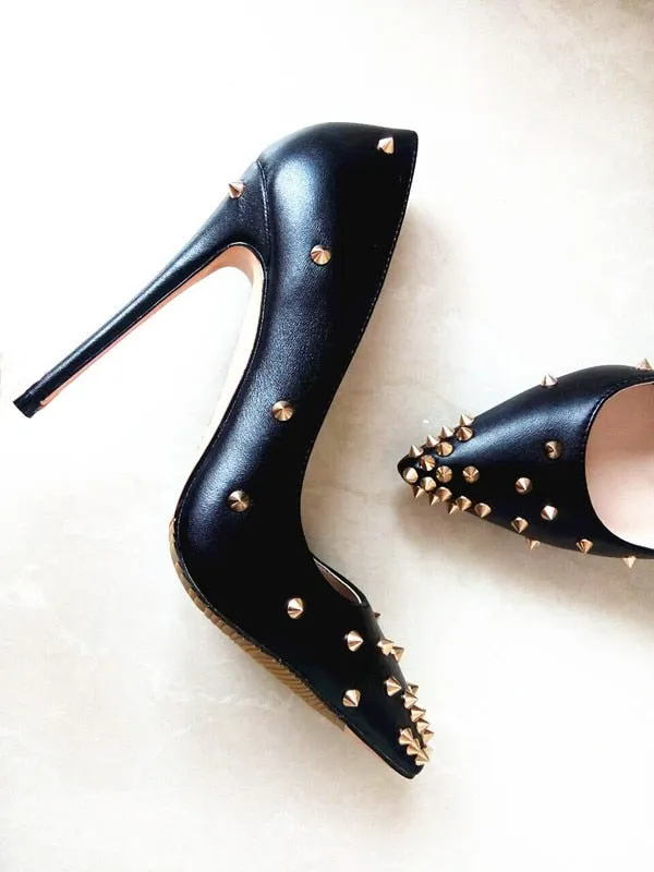 Valencia Italian Pointed Toe Rivets Spikes Patent Leather High Heel Shoes
