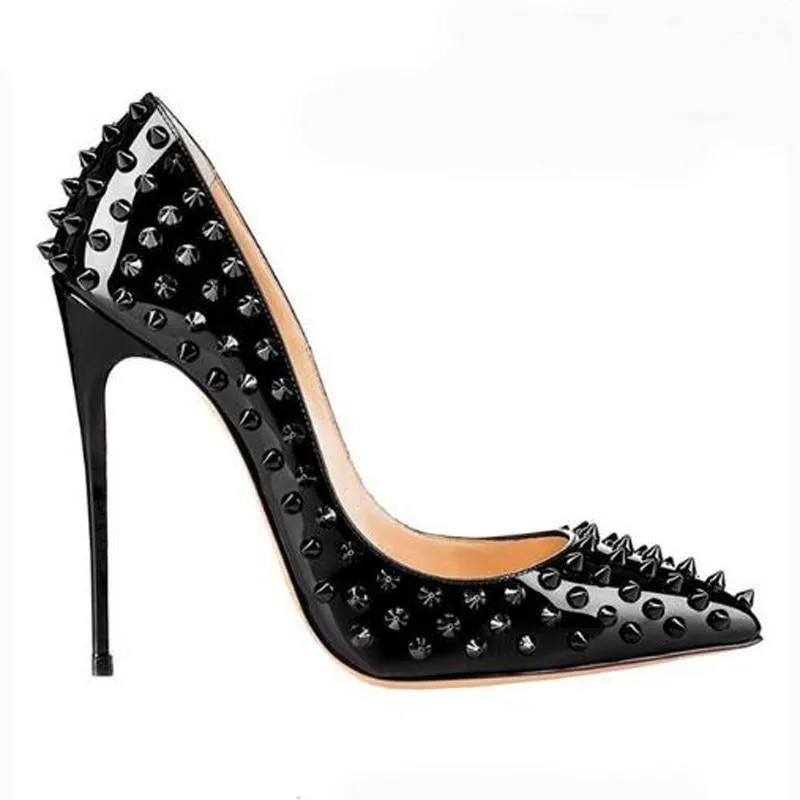 Valencia Italian Pointed Toe Rivets Spikes Patent Leather High Heel Shoes