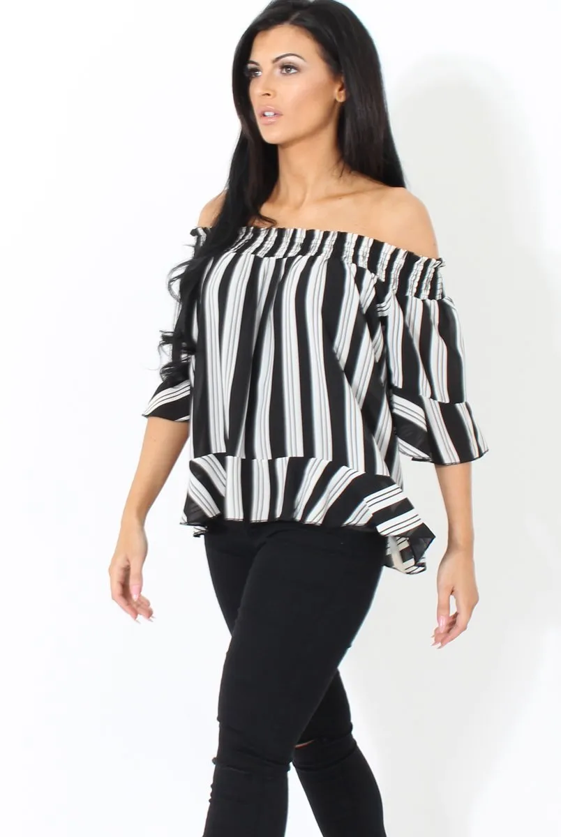 White and Black Bardot Frill Sleeve Top- Becka