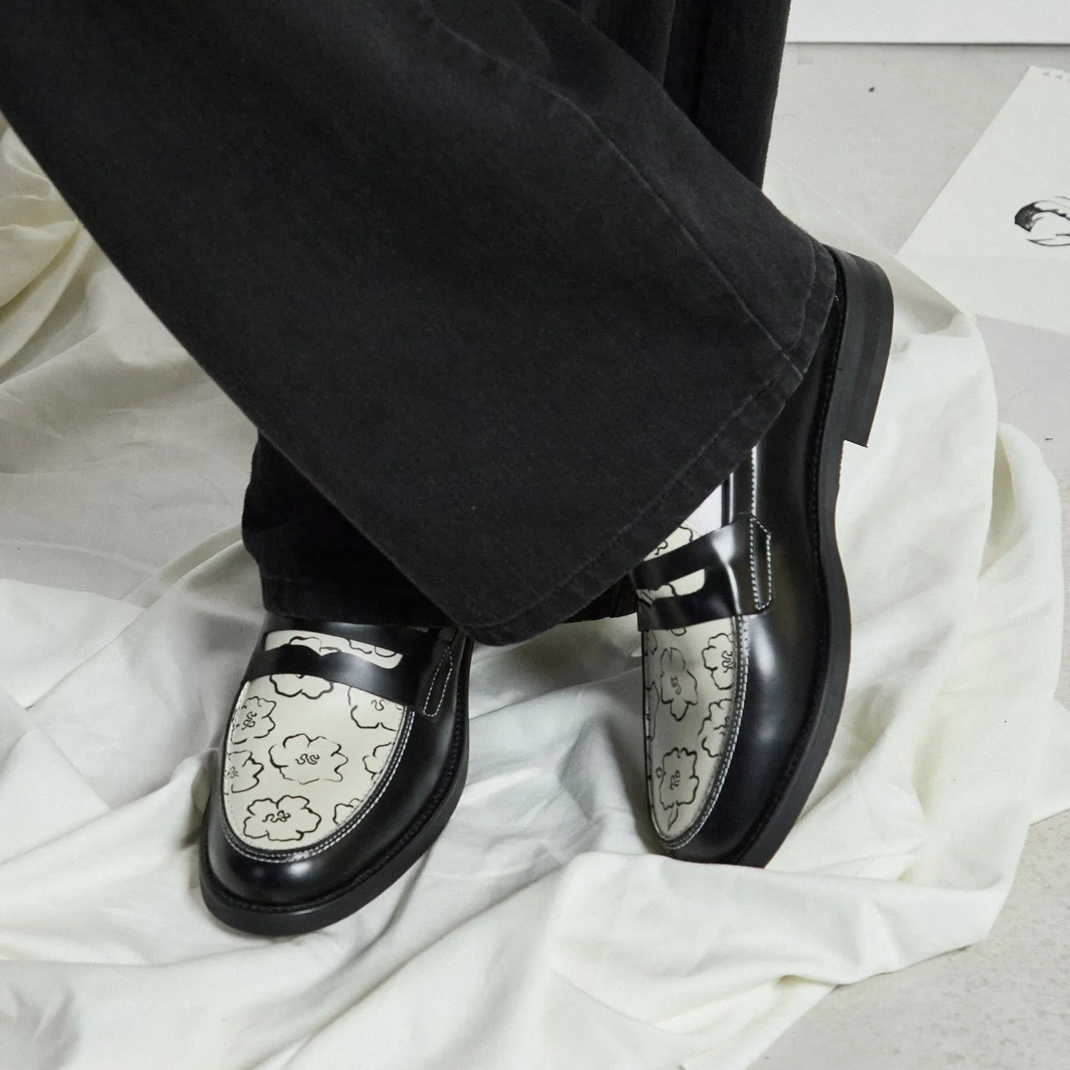 Wilde Black Sketch Floral Penny Loafer - Women's