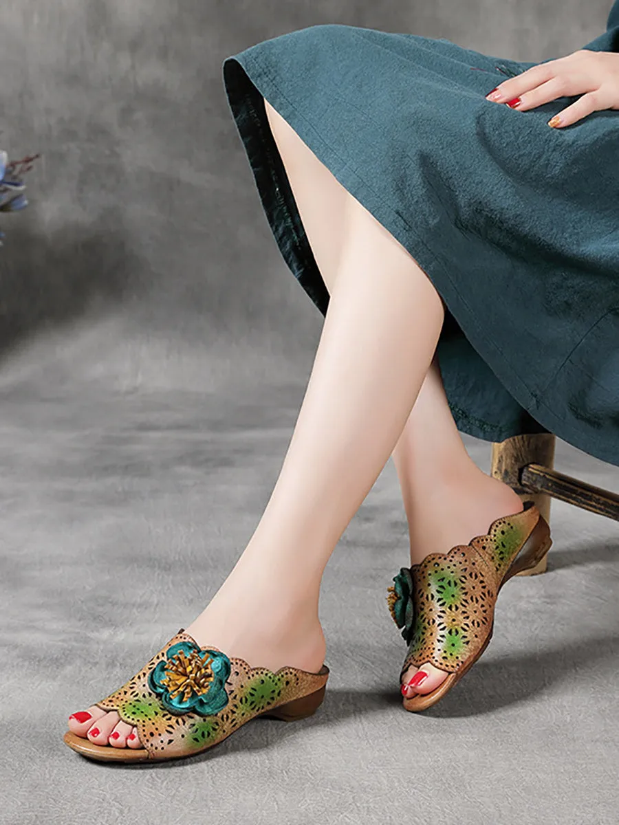 Women Vintage Flower Leather Spliced Low Heel Slippers