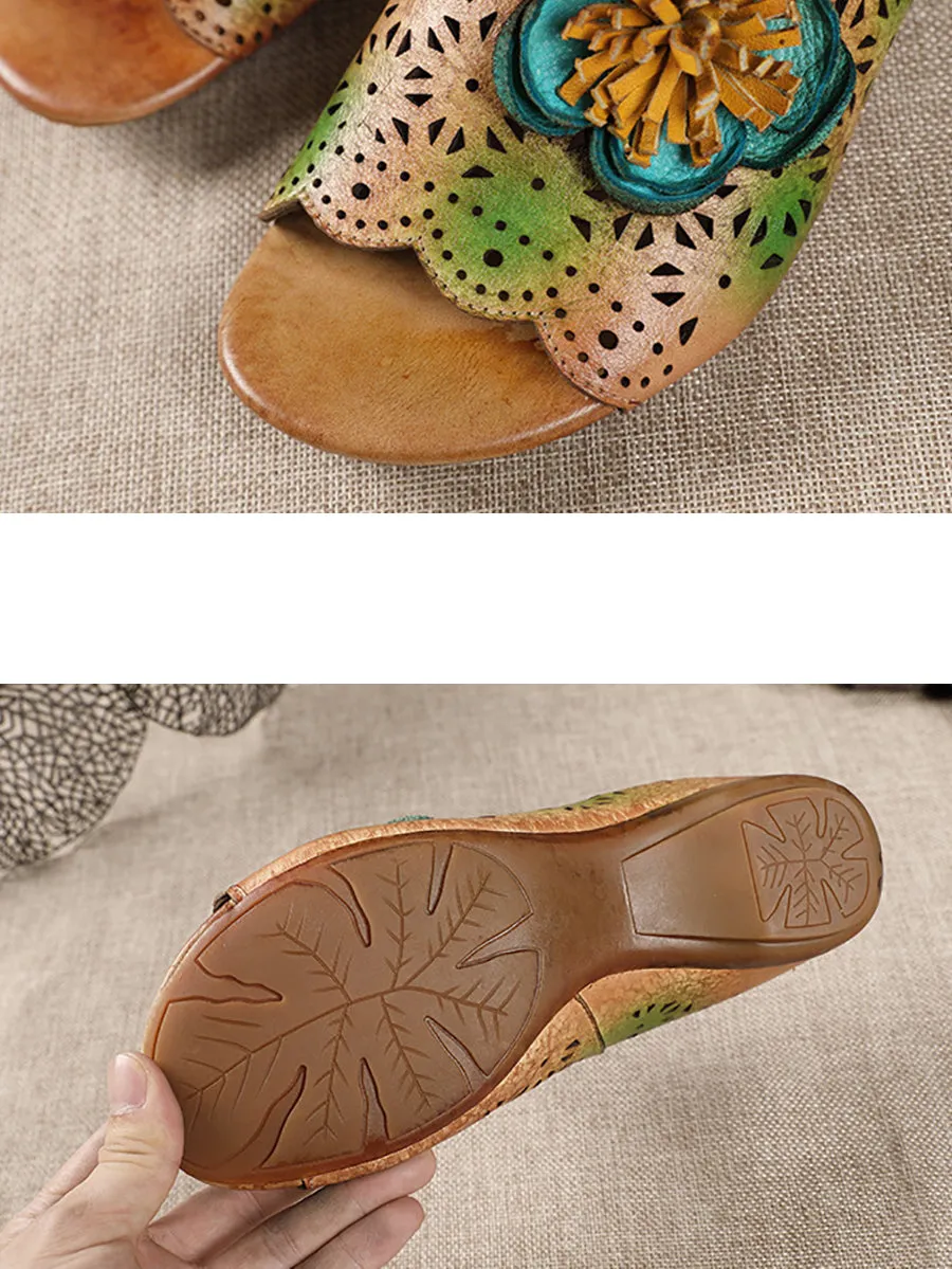 Women Vintage Flower Leather Spliced Low Heel Slippers
