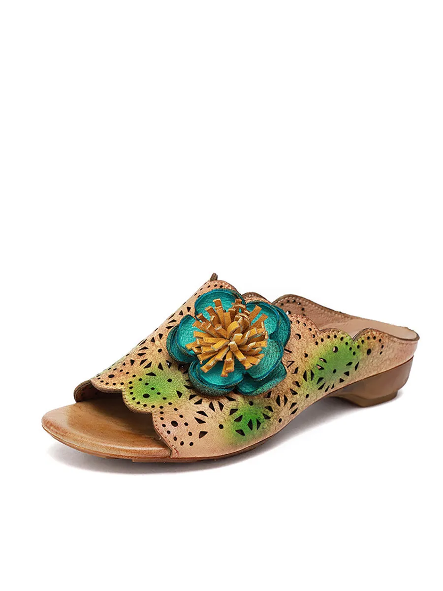 Women Vintage Flower Leather Spliced Low Heel Slippers