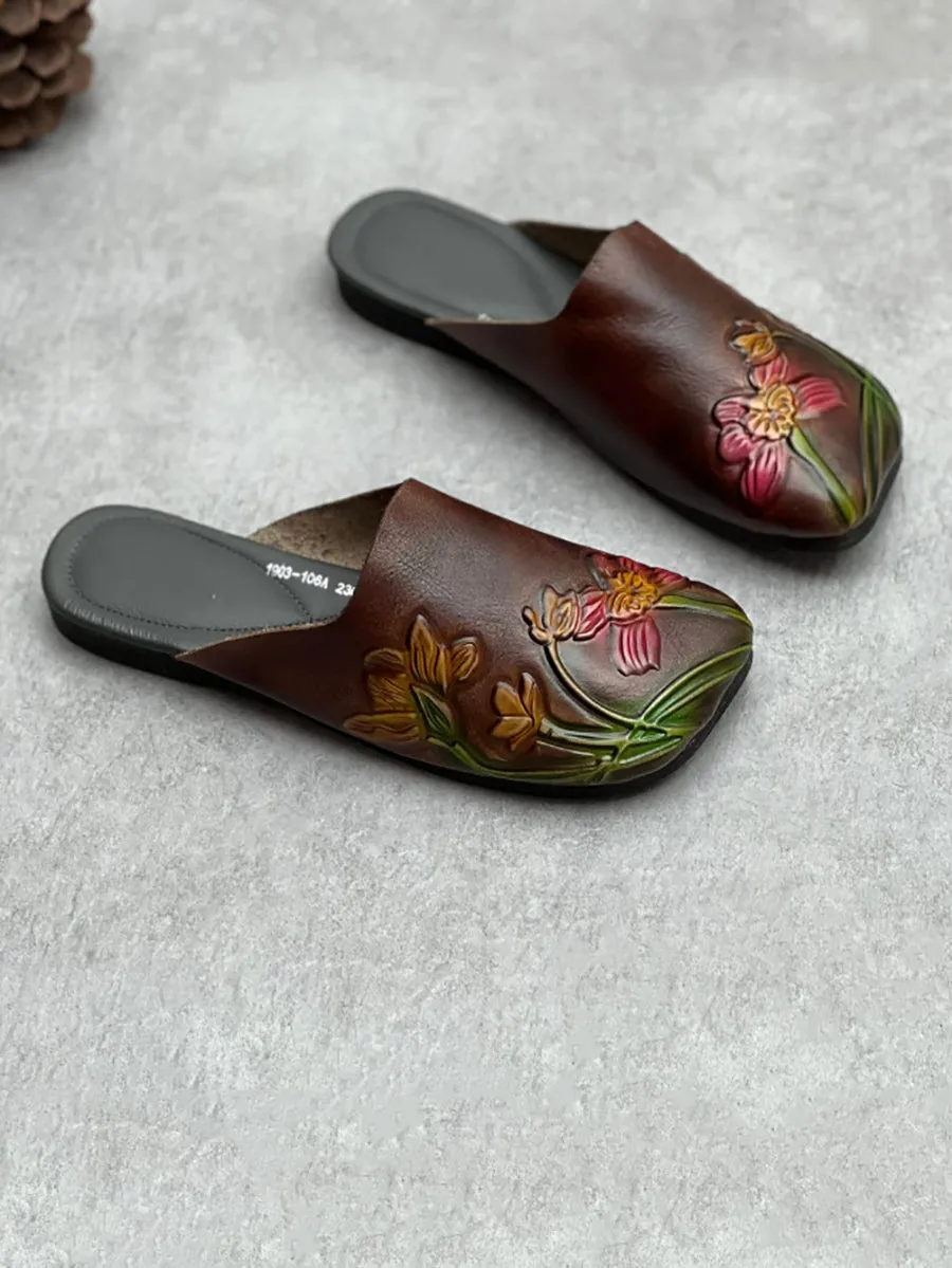 Women Vintage Flower Print Soft Leather Slippers