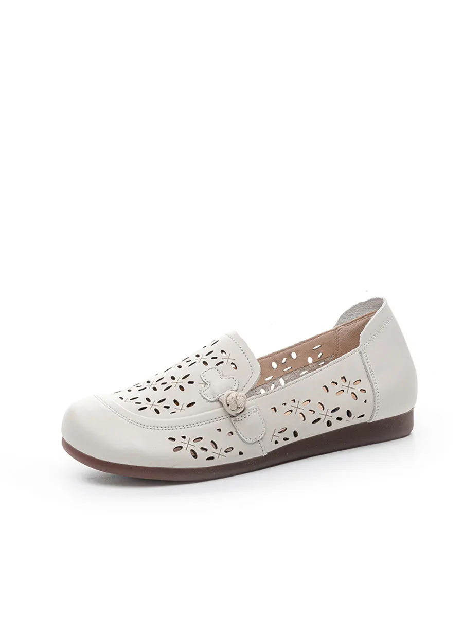 Women Vintage Genuine Leather Hollow Out Flat Shoes
