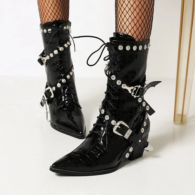 Women's  Crocodile Pattern Pointed Toe Belts Buckles Rivets Puppy Heel Mid Calf Boots