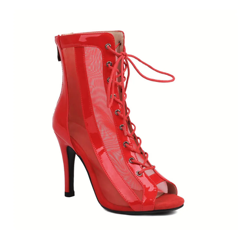 Women's Mesh Lace-Up Dance Boots Red