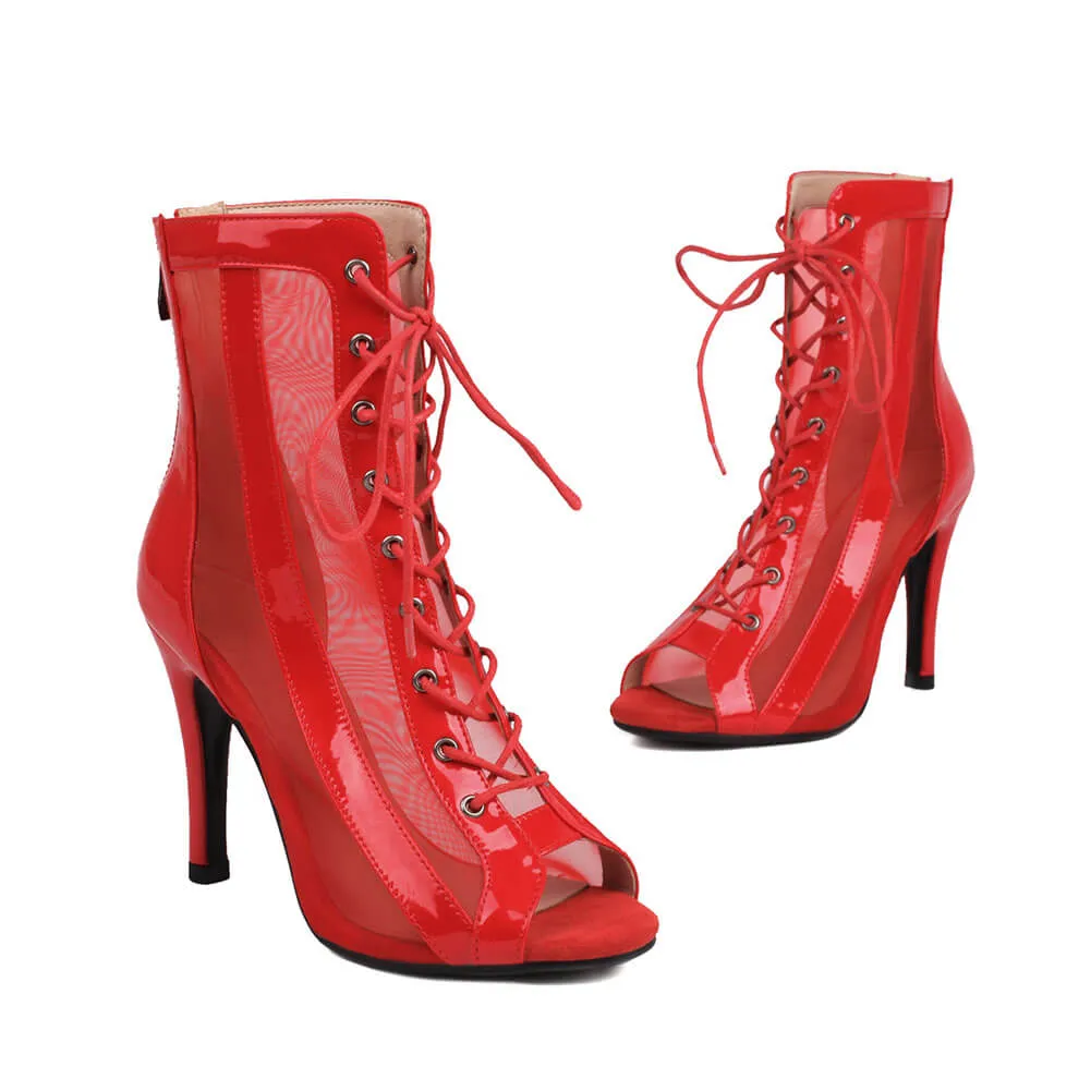 Women's Mesh Lace-Up Dance Boots Red