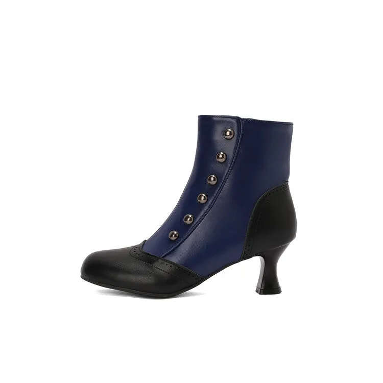 Women's Patchwork Rivets Round Toe Hoof Heel Ankle Boots