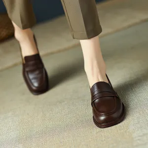 Women's Real Soft Leather Round Toe Small Leather Shoes Women's Thick Heel Loafers