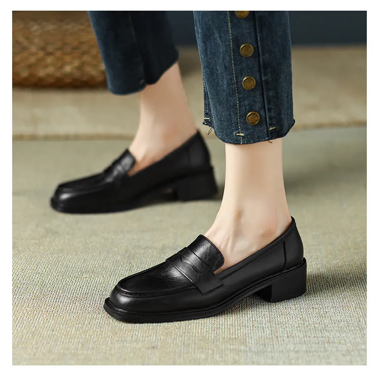 Women's Real Soft Leather Round Toe Small Leather Shoes Women's Thick Heel Loafers
