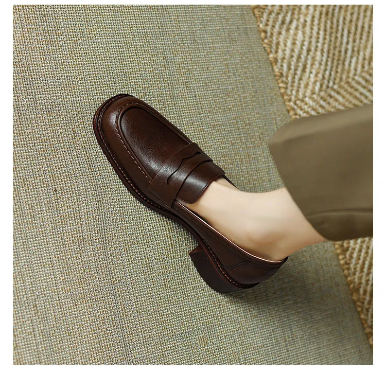 Women's Real Soft Leather Round Toe Small Leather Shoes Women's Thick Heel Loafers