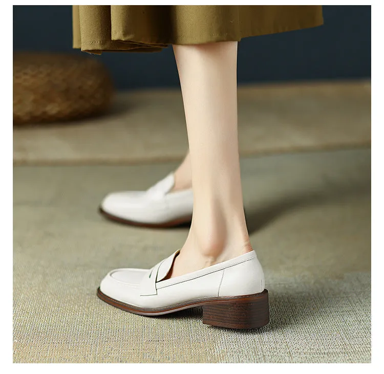 Women's Real Soft Leather Round Toe Small Leather Shoes Women's Thick Heel Loafers