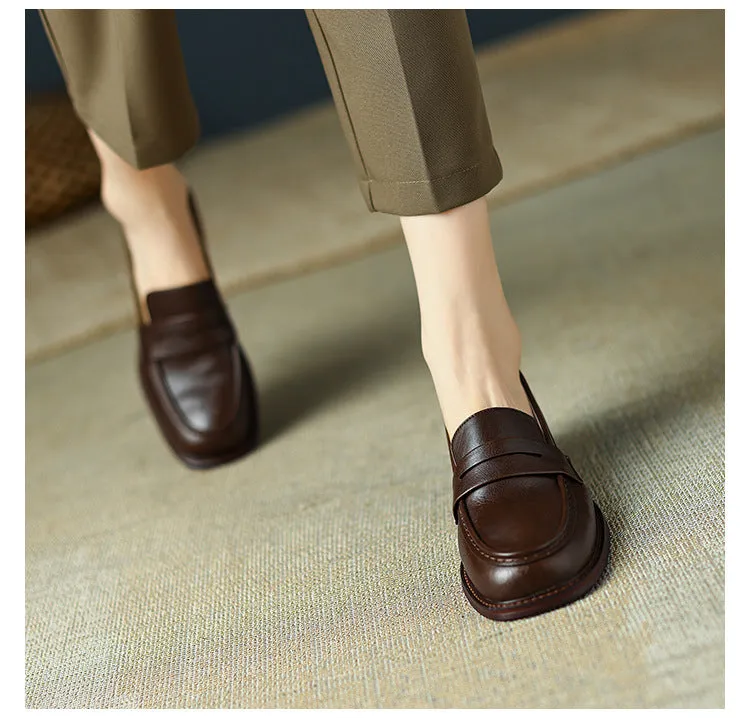 Women's Real Soft Leather Round Toe Small Leather Shoes Women's Thick Heel Loafers