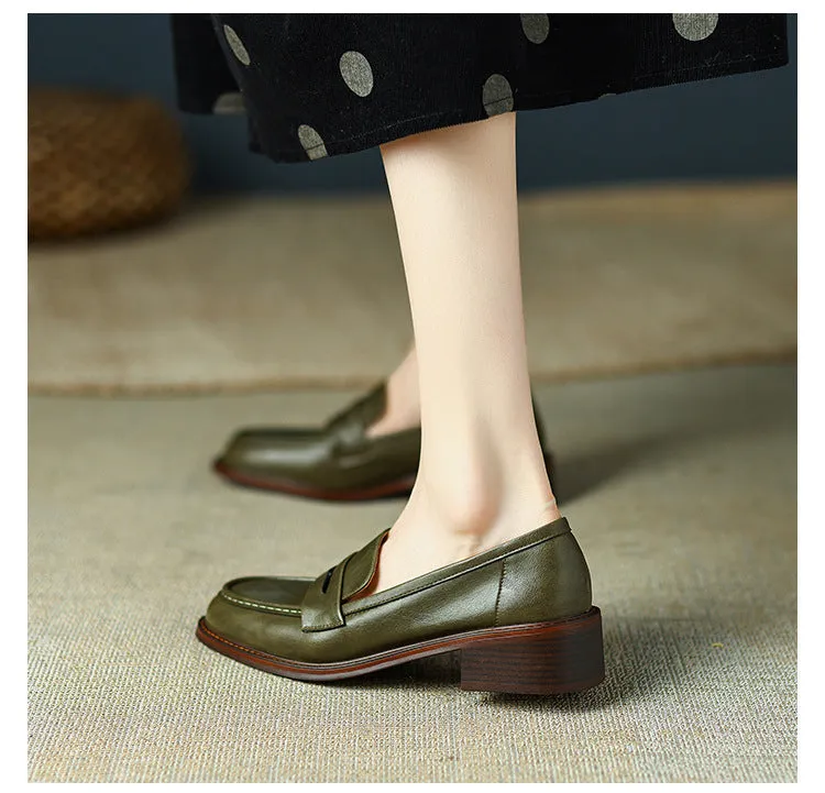 Women's Real Soft Leather Round Toe Small Leather Shoes Women's Thick Heel Loafers