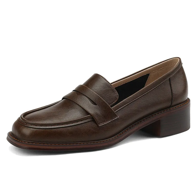 Women's Real Soft Leather Round Toe Small Leather Shoes Women's Thick Heel Loafers
