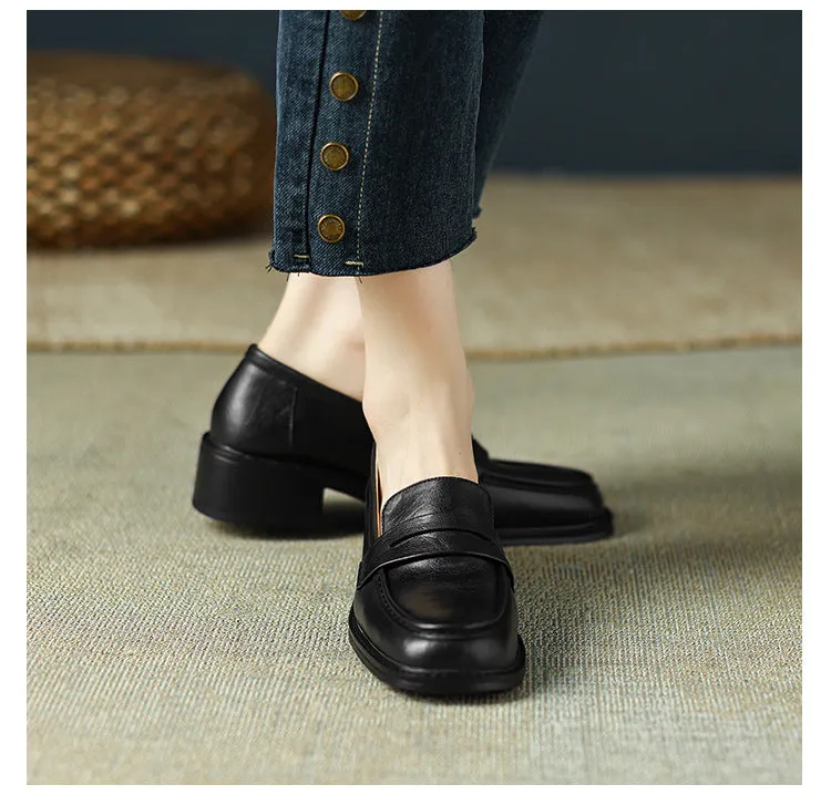 Women's Real Soft Leather Round Toe Small Leather Shoes Women's Thick Heel Loafers