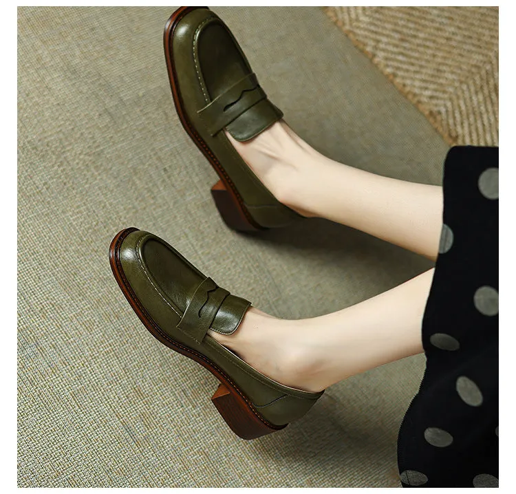 Women's Real Soft Leather Round Toe Small Leather Shoes Women's Thick Heel Loafers