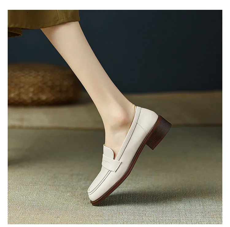 Women's Real Soft Leather Round Toe Small Leather Shoes Women's Thick Heel Loafers