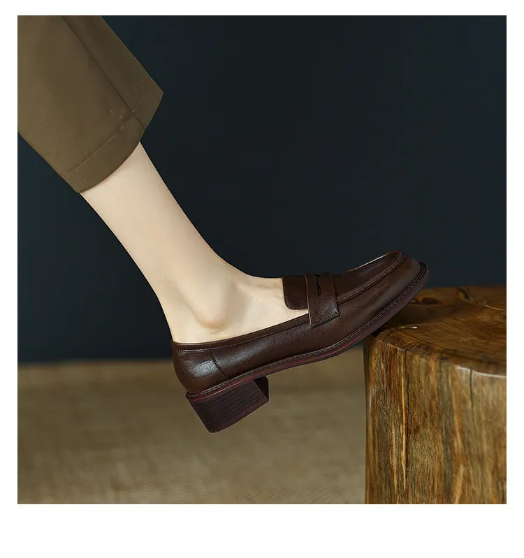 Women's Real Soft Leather Round Toe Small Leather Shoes Women's Thick Heel Loafers