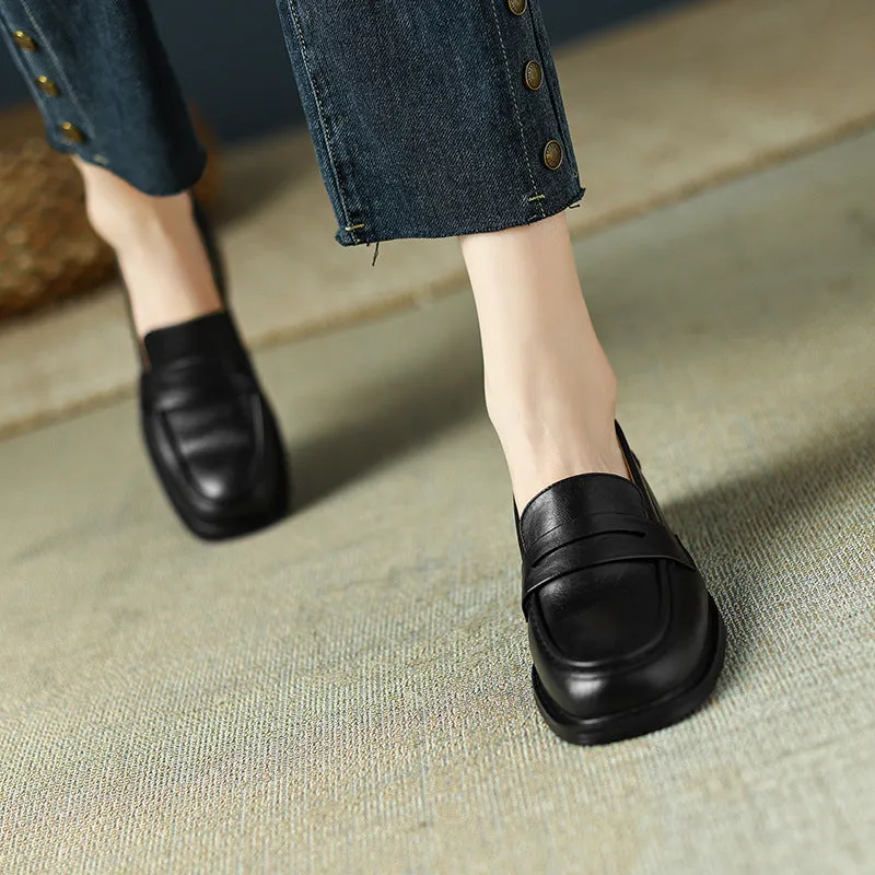 Women's Real Soft Leather Round Toe Small Leather Shoes Women's Thick Heel Loafers