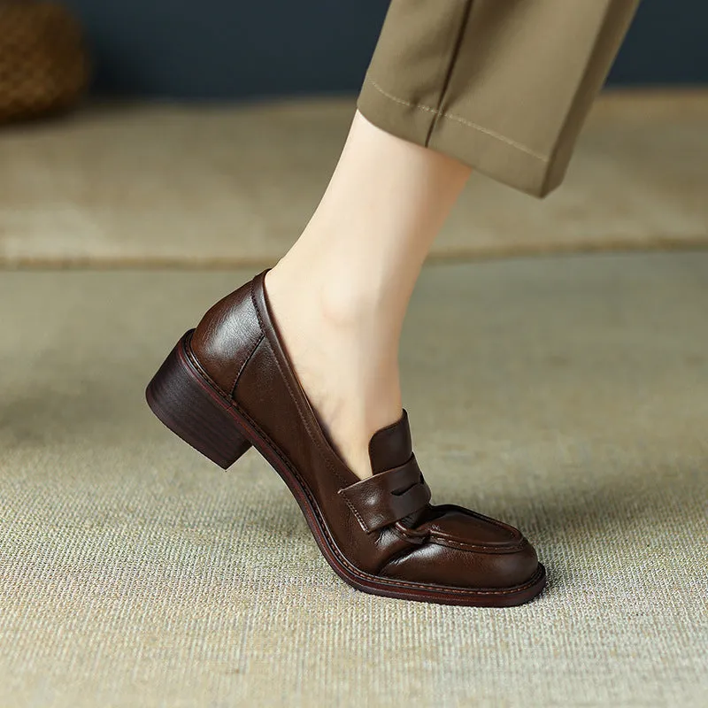 Women's Real Soft Leather Round Toe Small Leather Shoes Women's Thick Heel Loafers