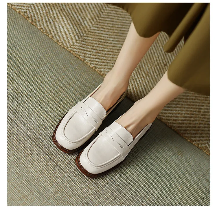 Women's Real Soft Leather Round Toe Small Leather Shoes Women's Thick Heel Loafers