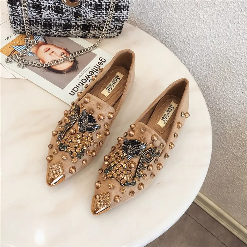 Women's Rhinestone Pointed Toe Rivet Flat Shoes