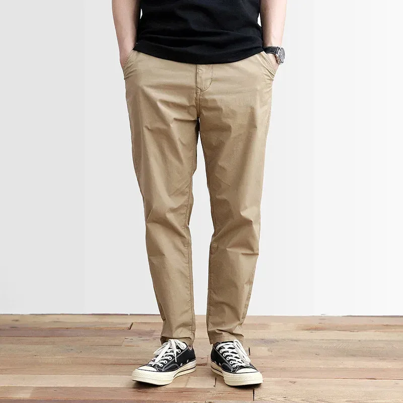 Woven Thin Compatible Dad Pants - Men's Fashion Pure Cotton Washed Tapered Elastic Ankle-Length Trousers