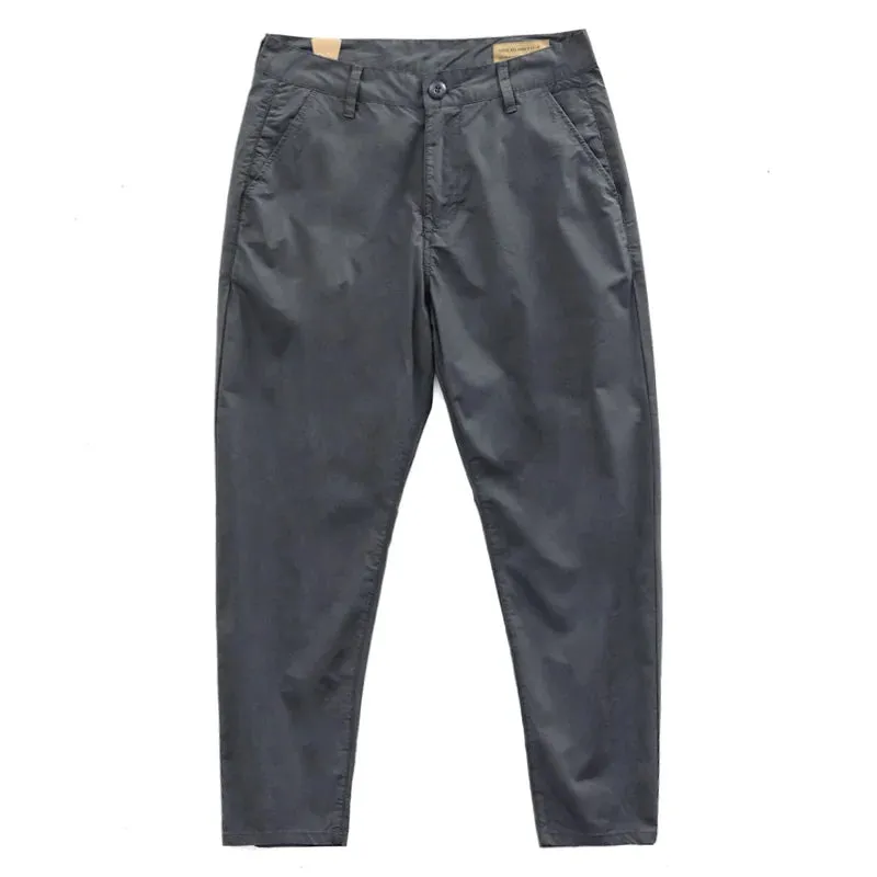 Woven Thin Compatible Dad Pants - Men's Fashion Pure Cotton Washed Tapered Elastic Ankle-Length Trousers