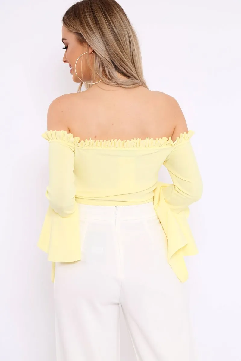 Yellow Bardot Frill Crop Top with Flared Sleeves - Tiffy