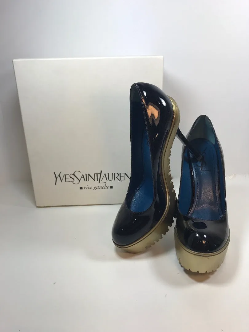 YVES SAINT LAURENT Patent Leather Black Trooper Heels Size 8